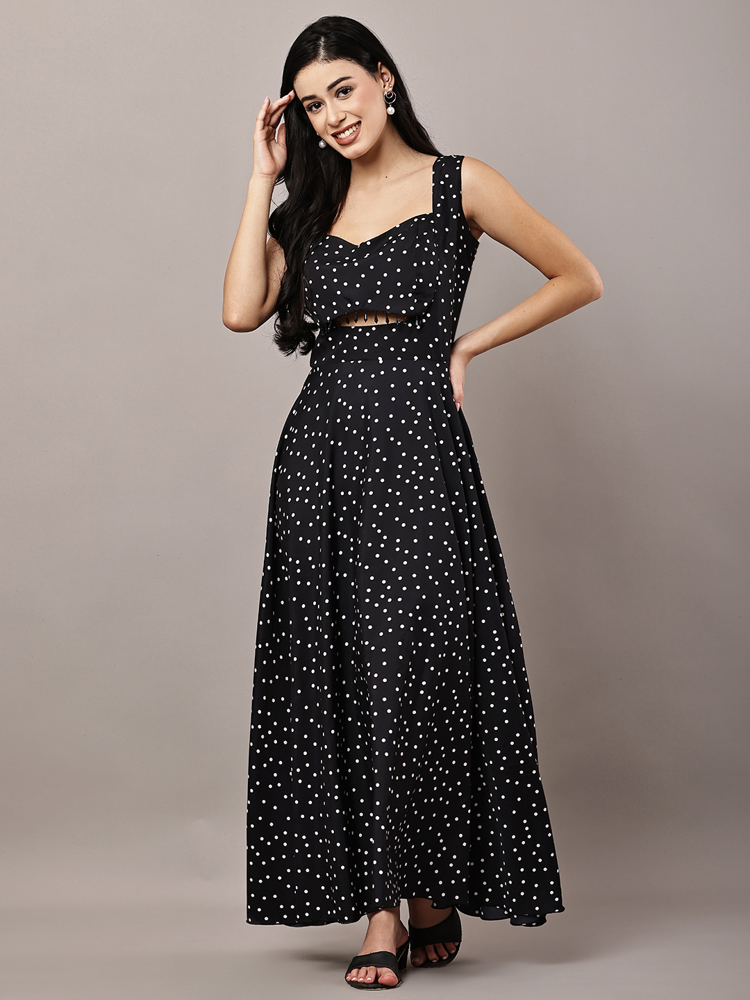 Women's Black & White Polka Dot Fit and Flare Maxi Dress with Midriff Cut-Out